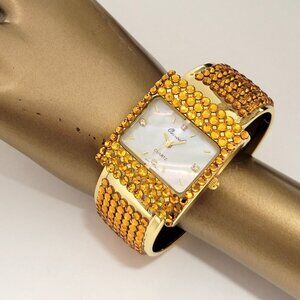Osirock Watch Women's Gold Tone Spring Loaded Open Cuff Japan Quartz